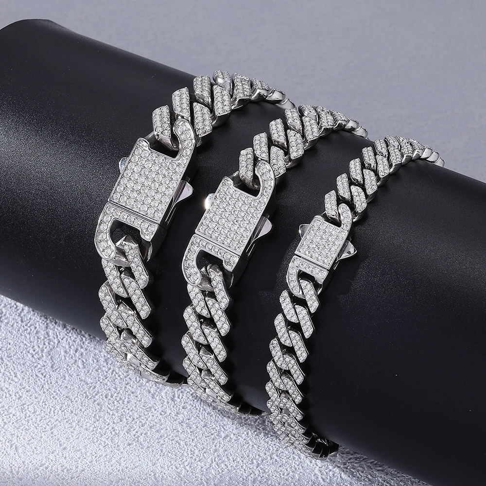 ESKEEM 8mm 10mm 12mm Stainless Steel Iced Out Cuban Link Chain Bracelet With Spring Clasp 18K Gold Plated CZ Trendy Jewelry