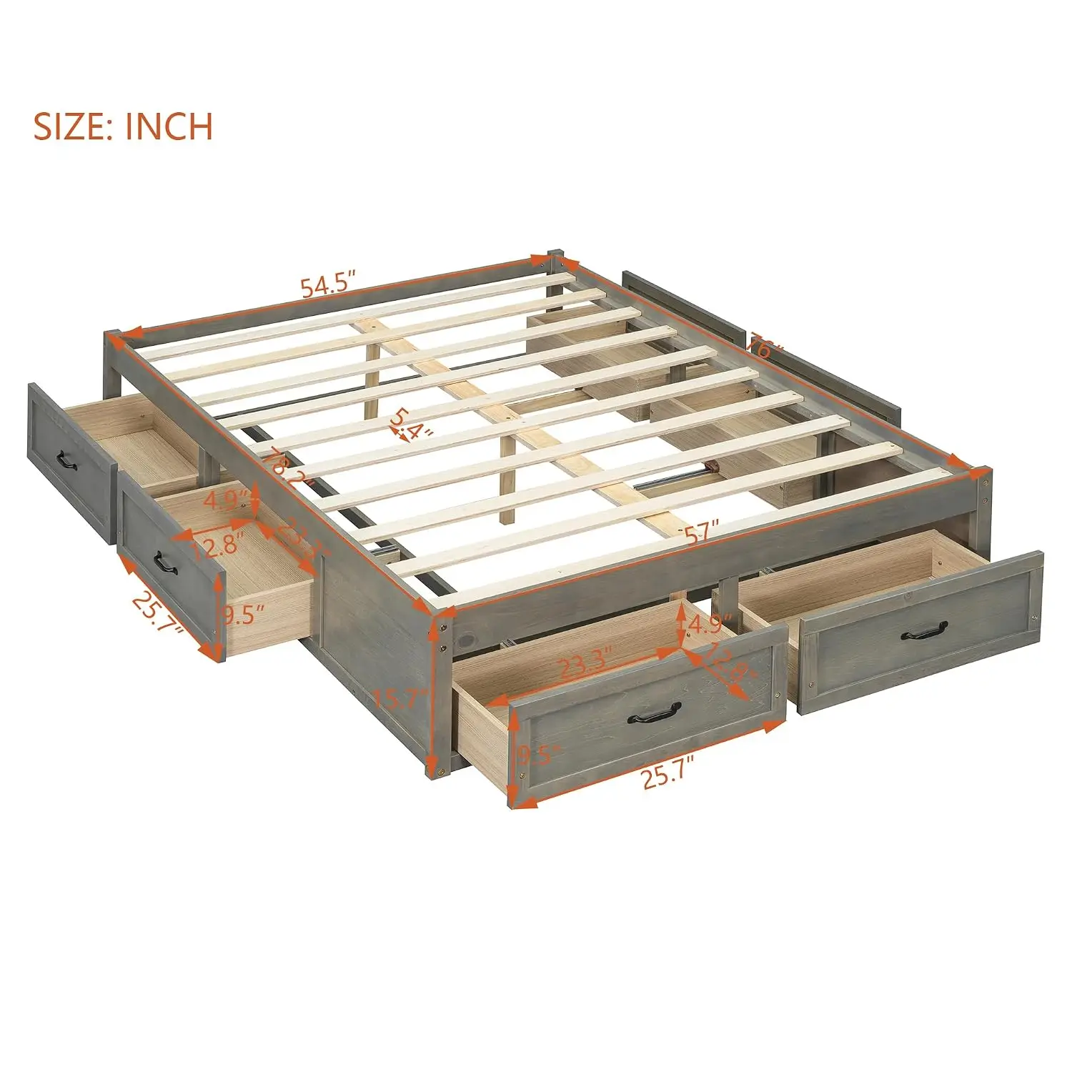 Full Platform Bed 6 Storage Drawers No Headboard Support Slats Farmhouse Bed Kids Teens Adults Space-Saving Gray, Customized