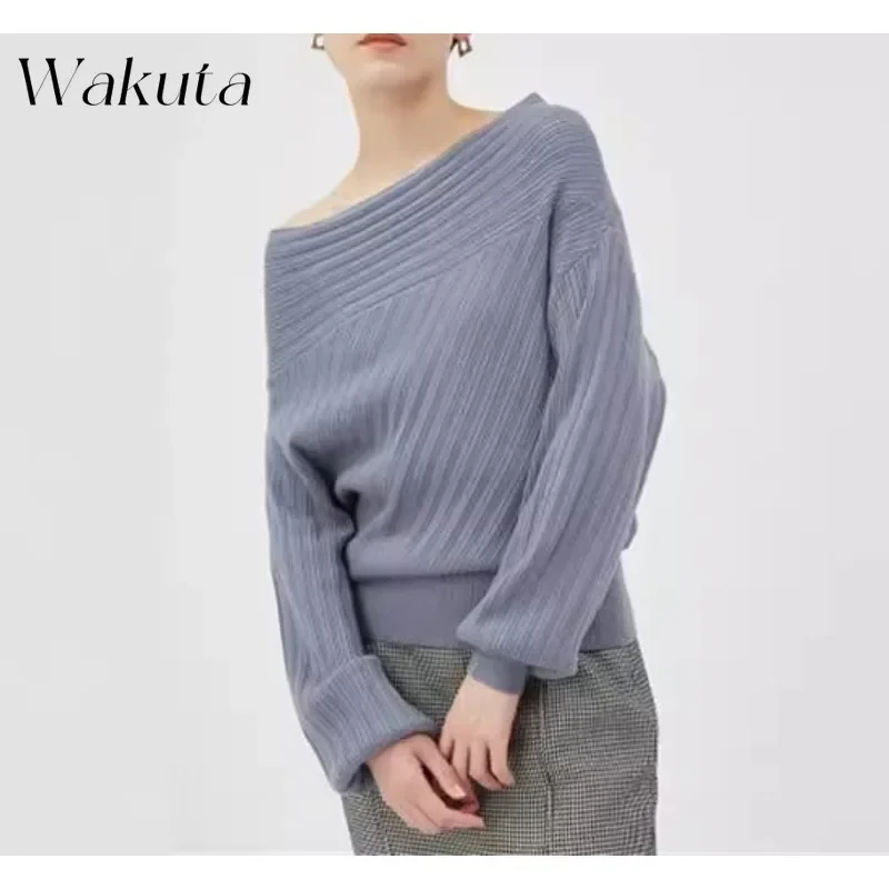 WAKUTA Japanese Elegant Slant Shoulder One-line Collar Long-sleeved Knit Sweaters Fall/Winter Threaded Waist Versatile Pullovers