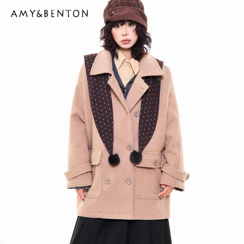 

French Design Polka Dot Shawl Woolen Women's Coat Winter New Versatile College Style Mid-Length Double-Breasted Overcoat Ladies