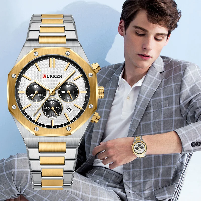 CURREN Fashion Octagonal Unique Design Dial Chronograph  Watch For Men Top Brand Luxury Stainless Steel Waterproof Wristwatchs