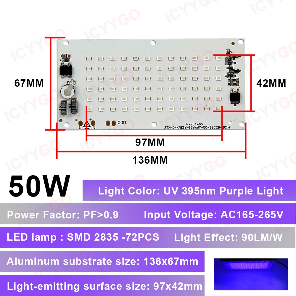 Wysoka moc 50W 100W UV 395nm SMD 2835 fioletowy chip LED tablica świetlna PCB tablica oświetleniowa zestaw goła tablica Panel źródła światła