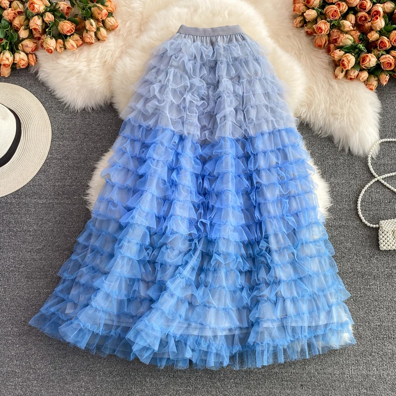 Women Elegant Fairy Pleated Mesh Skirt Elastic Waist Layer Cake Skirt Elegant Long Midi Skirt Party Club