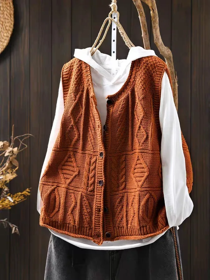 루즈핏 니트 솔리드 컬러 트위스트 니트 베스트 가디건 여성 캐주얼 라운드넥 싱글 버튼 봄 가을 아우터