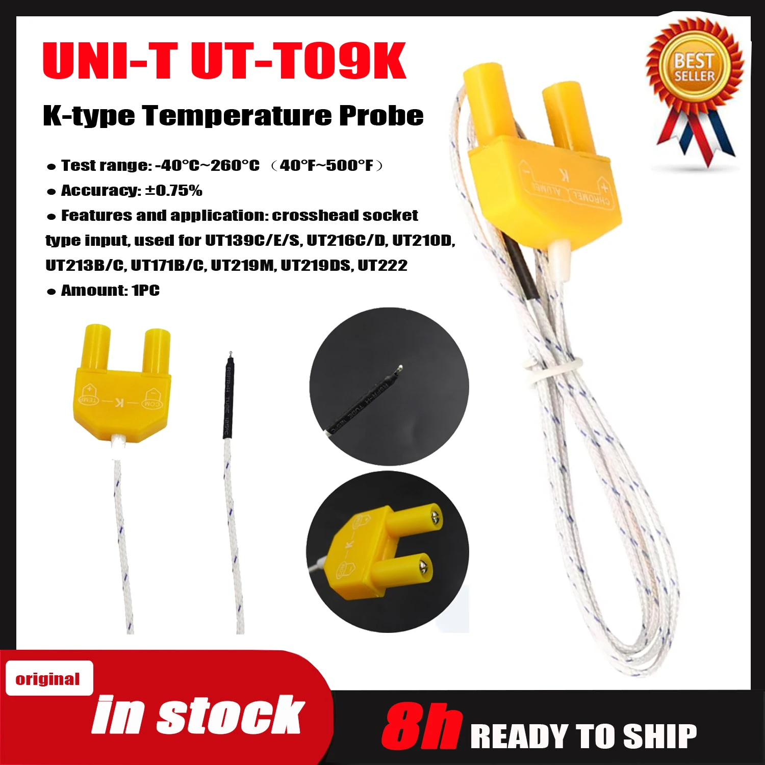 UNI-T UT-T09K temperature probe range -40to260 degrees Celsius Crosshead socket input for UT213C UT216C / D 139C 210D 171C UT222