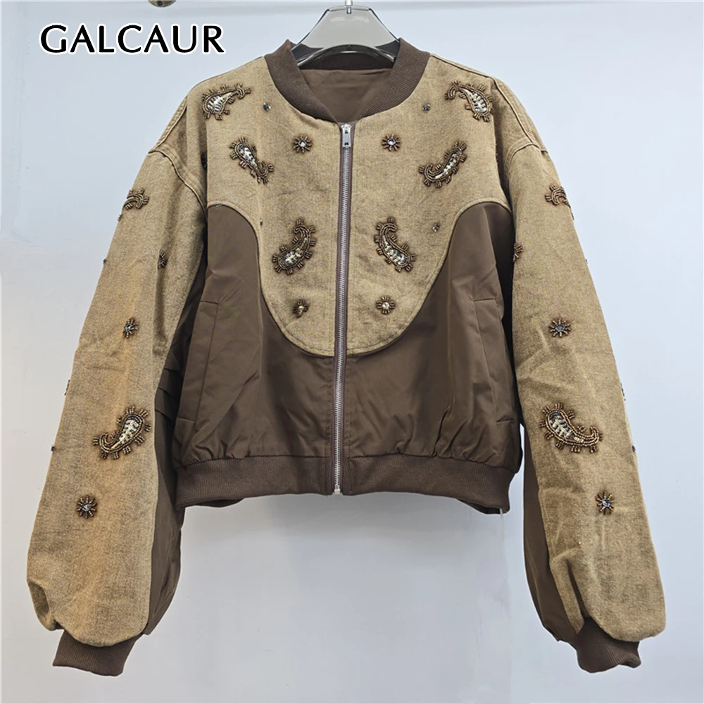GALCAUR Colorblock Spliced Applique Loose Jacket for Women Round Collar Long Sleeve Patchwork Zipper Casual Jackets Female Style