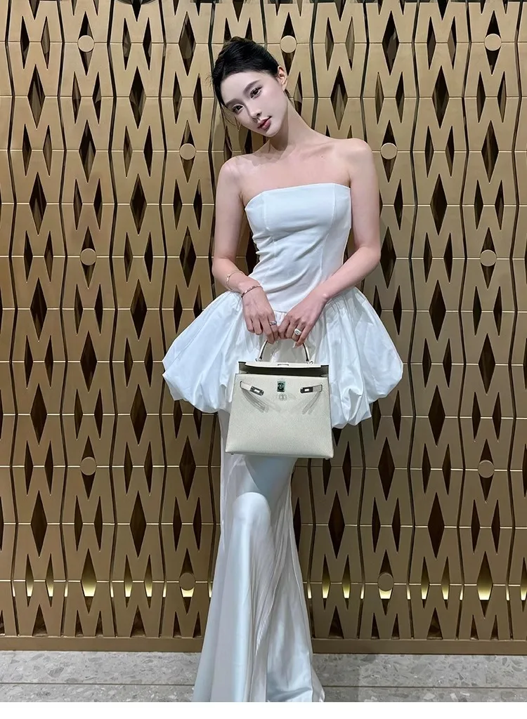 Elegant White Strapless Bud Tops and Long Skirts Vintage Evening Party Birthday Two Piece Sets Lady Runway Design Skirt Set