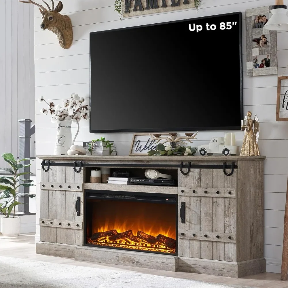 

70" Fireplace TV Stand for 75-80 Inch TV, 30" Electric Fireplace &Sliding Barn Doors, Farmhouse 32 Inch Tall TV Stand