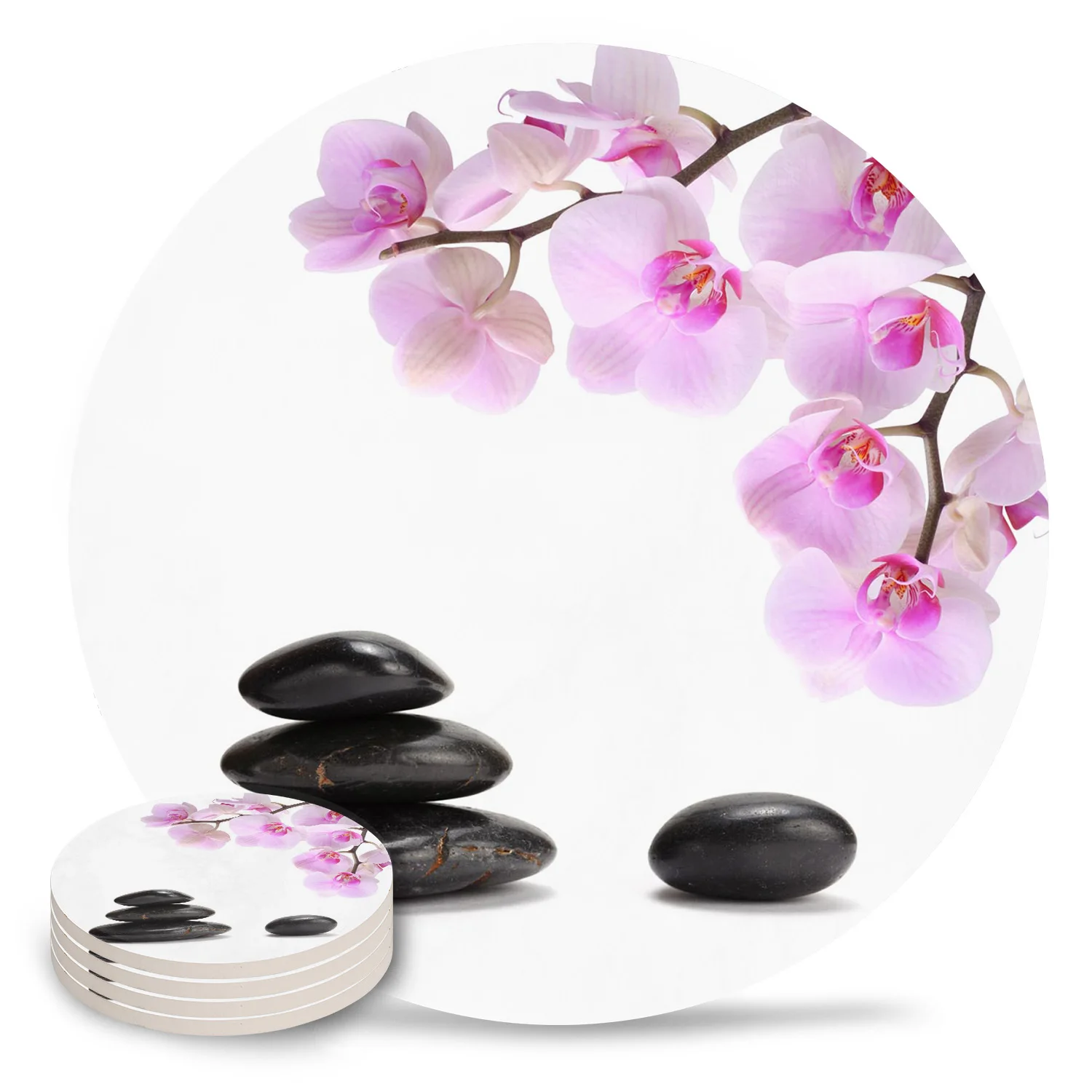 Orchid Black Stone Pink Flower White Round Coaster Coffee Table Mats Kitchen Accessories Absorbent Ceramic Coasters