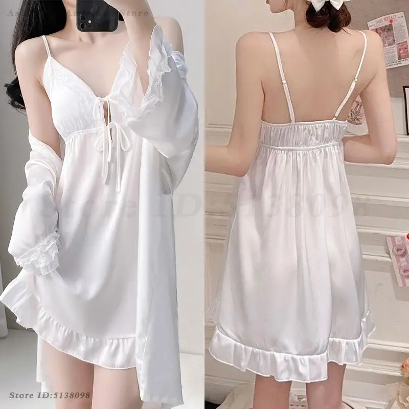 White Bridal Morning Robe Nightgown 2025 Summer New Twinset Robe Set Women's Sexy Bathrobe Kimono Gown Casual Sleepwear Homewear