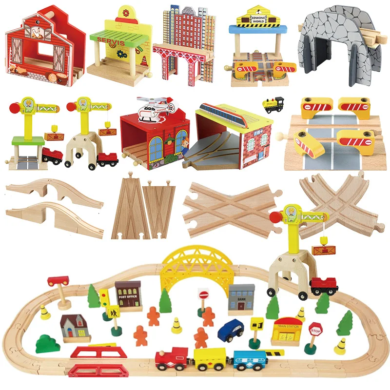 All kinds of Wooden Train Track Accessories Wood Railway Track Rail Bridge Station Tunnel Wood Educational Toy for kid Xmas Gift