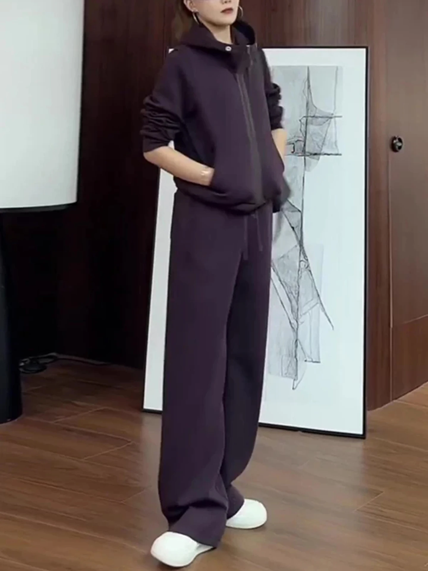 Elegant Purple Casual Sportswear Set Women's High Waist Wide Leg Pants Top Two-Piece Suit Anti-Wrinkle Spring Autumn Fashion