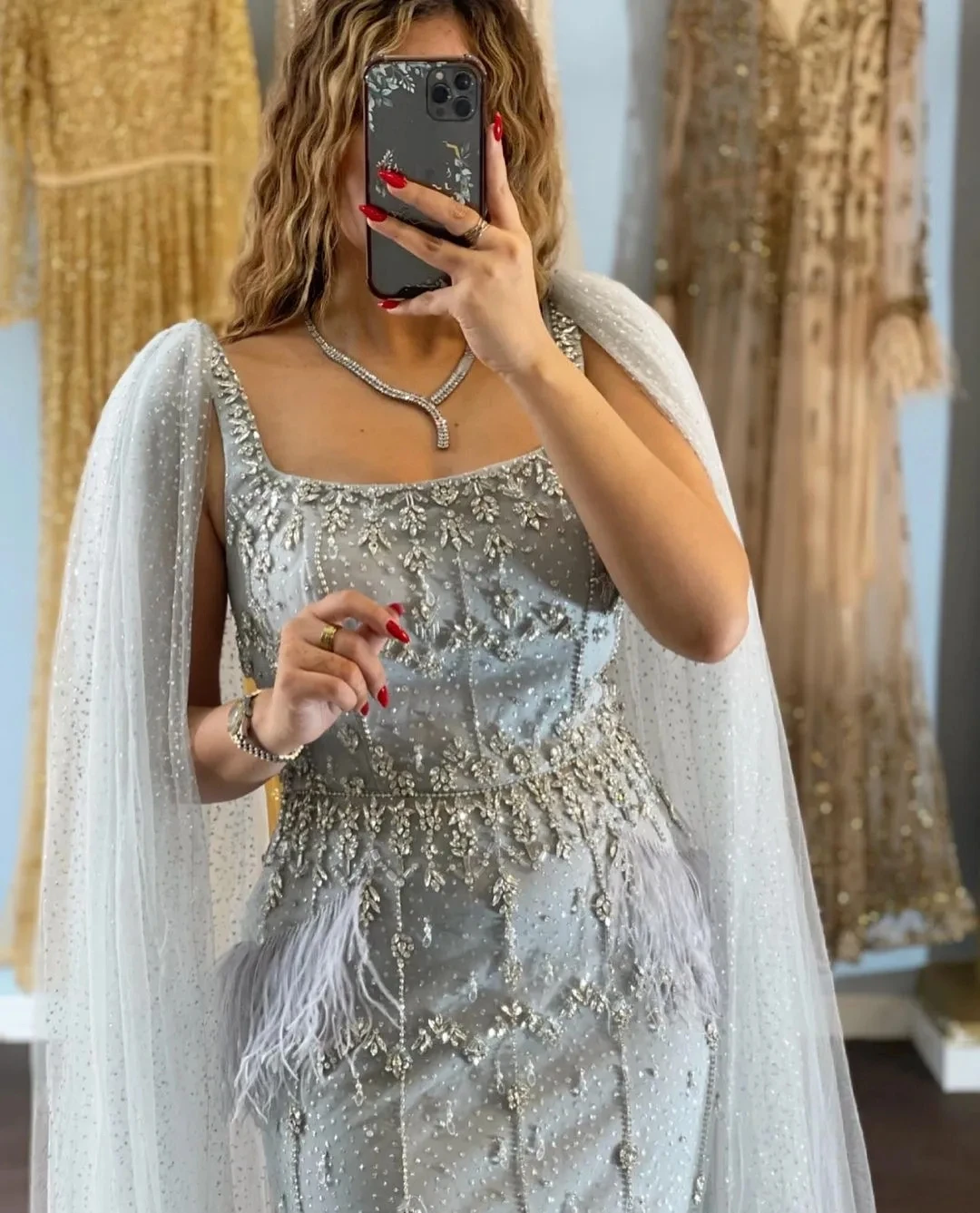 Prom Dress Embellished Sheath Dress With Sequin Cape Rhinestone Handwork Sexy Feather Dubai Arabic Formal Gown