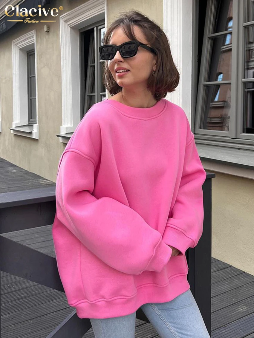 

Clacive Fashion Loose Pink Cotton Hoodies Woman 2025 Winter O-Neck Long Sleeve Hoodie Elegant Oversize Solid Top Female Clothing