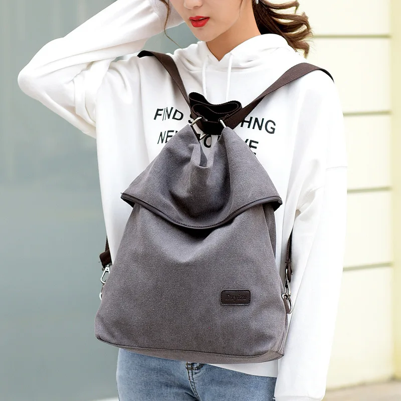Three Use Simple and Versatile Pure Color Leisure Travel Canvas Shoulder Cross Shoulder Backpack for Women