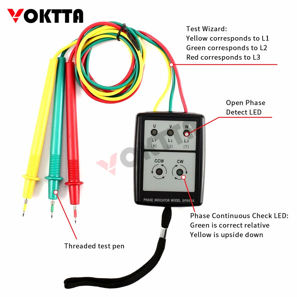 SP8030/SM852B Portable Phase Sequence Meter Three-Phase AC Phase Meter Phase Sequence Meter Current Detector LED Indicator