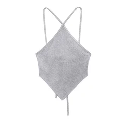 Willshela Women Fashion Grey Backless Lace Up Tops Vintage Thin Straps Halter Neck Female Chic Lady Crop Top