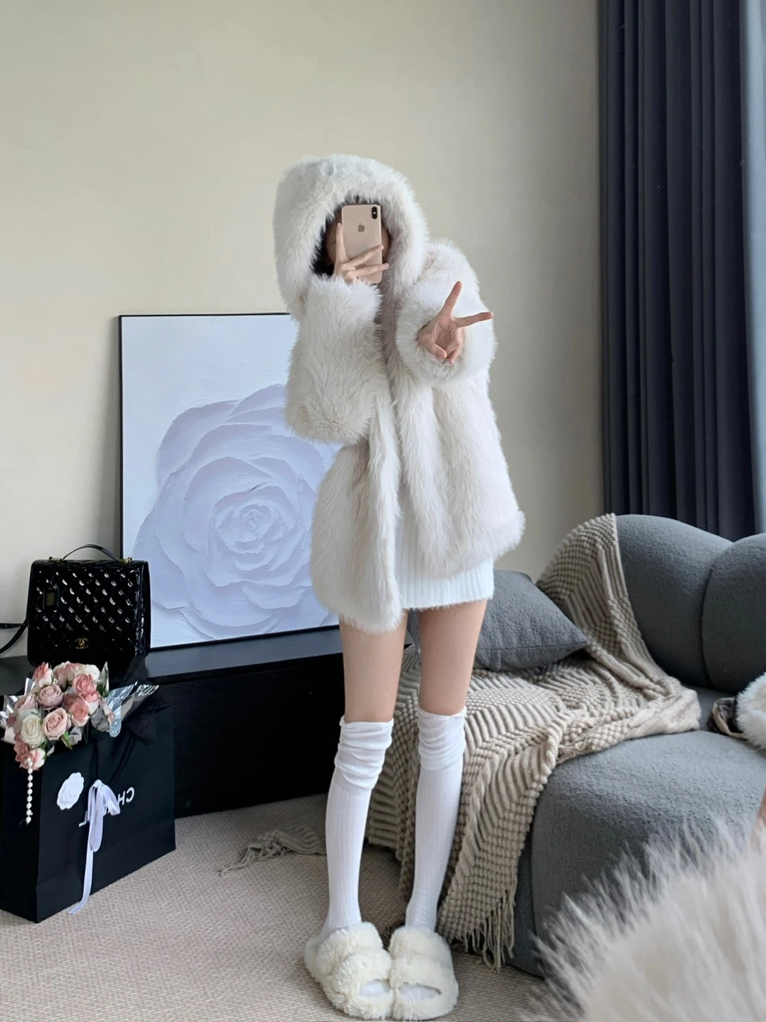 

Пальто из искусственного меха с капюшоном e Sle от Beloved Thousand Gold Gentle Wind, уникальный дизайн, женское, больших размеров, Jaet