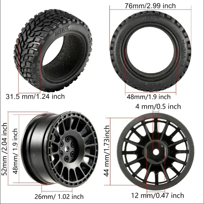 4PCS 1.9 inch 75mm RC Tires 12mm Hex Hubs Wheels for Wltoys 144010 144001 1/14 1/16 1/10 Scx10 Traxxas Trx-4 Tamiya Racing Car