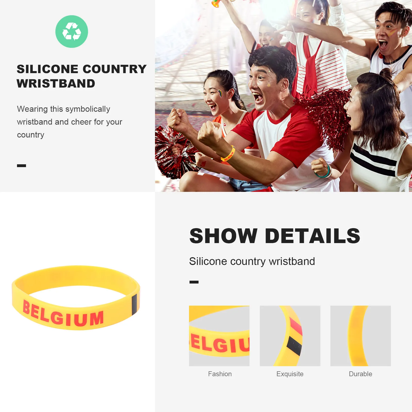 Silicone Wristband Belgium Flag Design Comfortable Size For Football Games International Country Bracelet