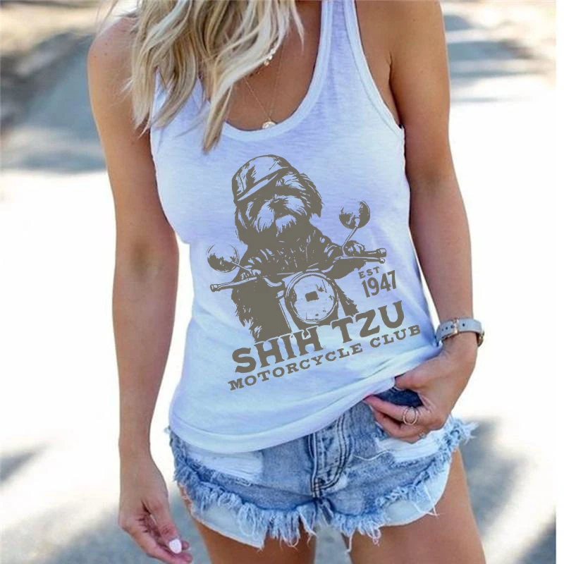 

Shih Tzu Motorcycle Club Print Funny Sleeveless Vests Harajuku Fashion Street Shirts Women's Sexy Suspenders Tank Tops
