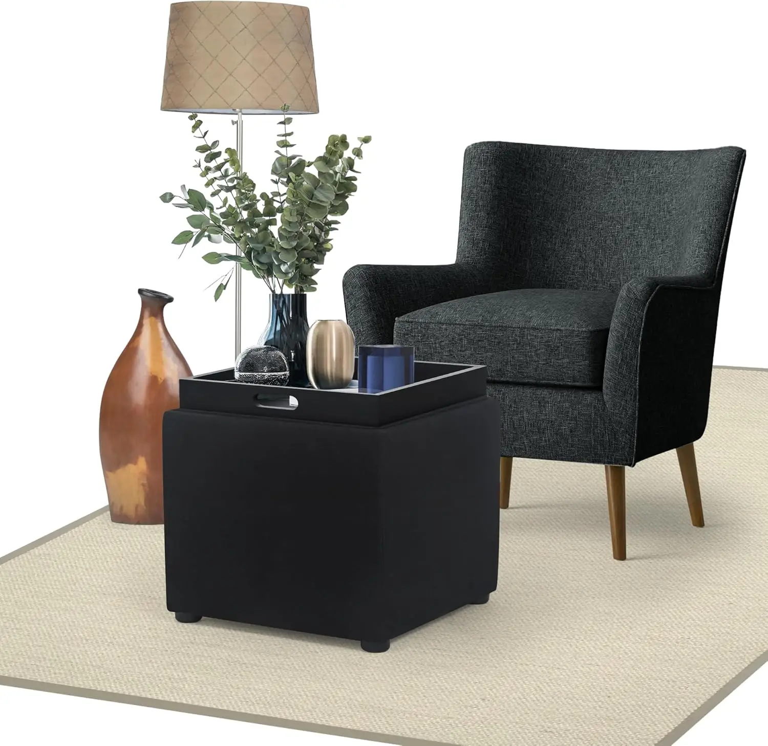 Storage Square Ottoman with Tray, Small Linen Foot Rest Stool Cube, Coffee Table for Dorm Living Room Bedroom, Black