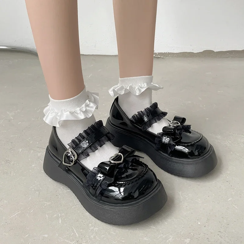 Sweet Lace Bowknot Lolita Shoes Women 2023 Heart Buckle Platform Mary Janes Woman Cute Thick Bottom Non-slip JK Shoes