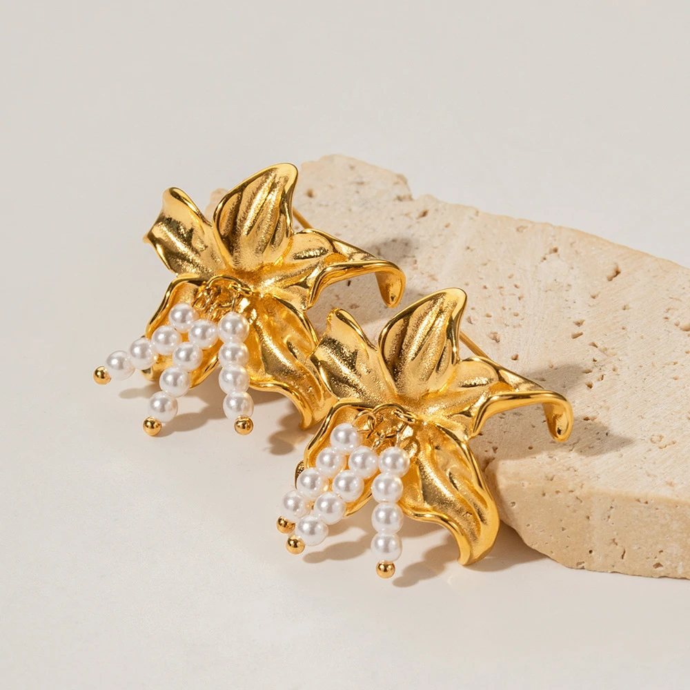 

INS 18K Gold Plated Stainless Steel Stylish Flower Big Statement Stud Earrings for Women Waterproof Charm Jewelry