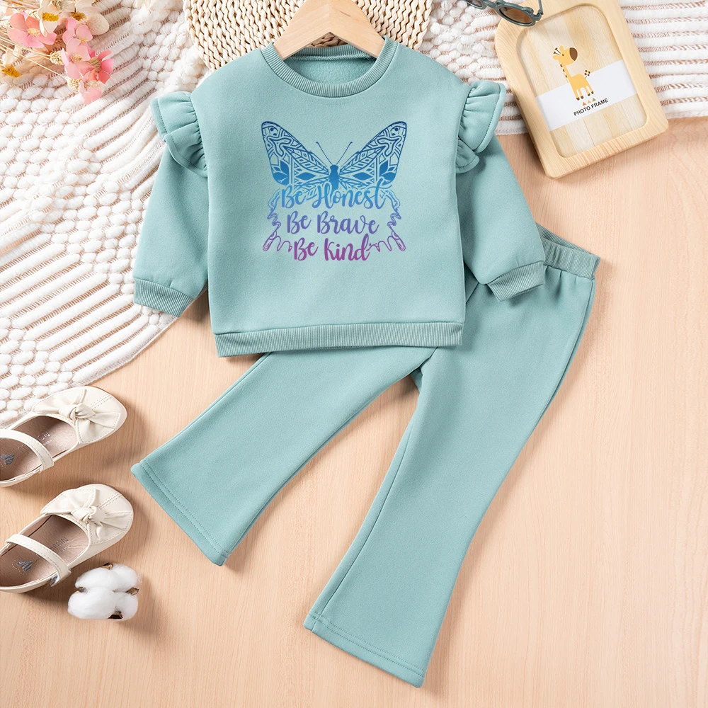 New Girls Set 1-6 Years Olds Kids Butterfly Print Long Sleeve Sweatshirt Sweatshirt Pants 2 Piece Casual Tracksuit Set