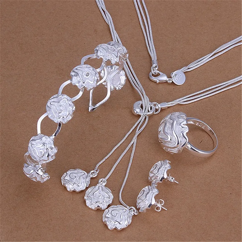 

925 Sterling Silver Chain Women's Wedding Jewelry Charm Flower Pendant Necklace Bracelet Earring Fashion Jewelry Set Gift