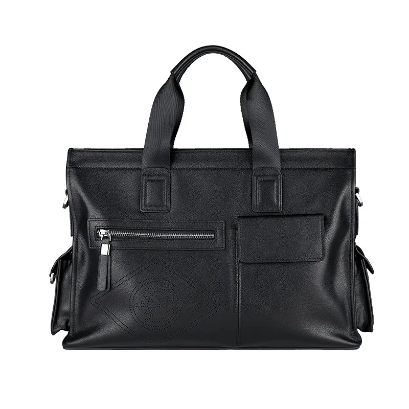 Men’s Fashion Leather Briefcase Large Capacity Business Tote Bag Trendy Handbag Genuine First Layer Cowhide