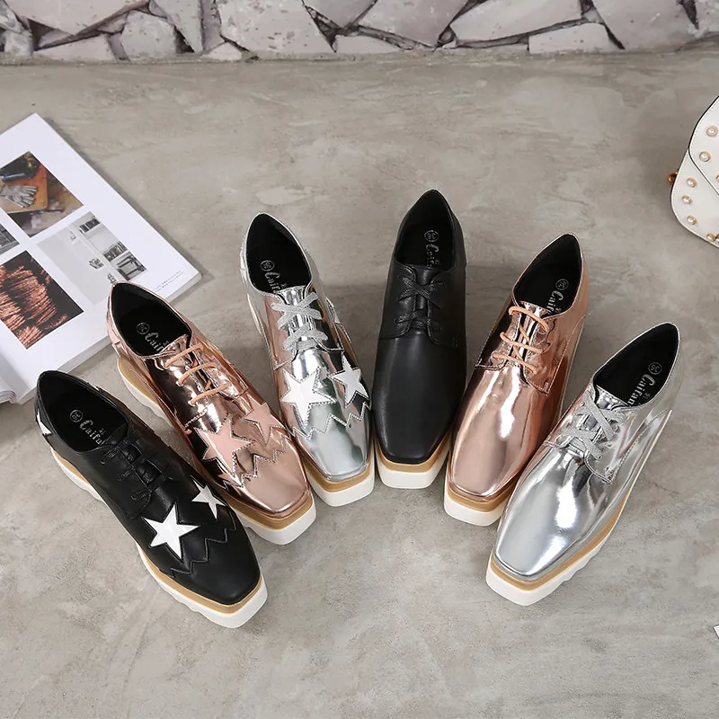 Chunky Sneakers Women Retro Running Stars Shoes Fashion Casual Pig Leather Square Toe Height Increased Platform Shoes
