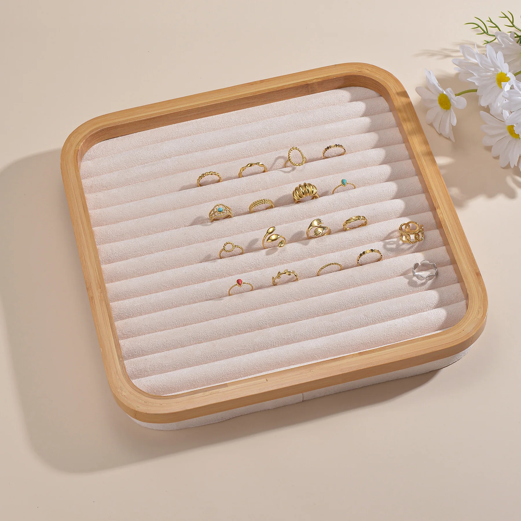

High-grade Bamboo Jewelry Display Tray Ring Displayer Earring Organizer Holder Rack Showcase Plate Fashion Cufflinks Storage Box