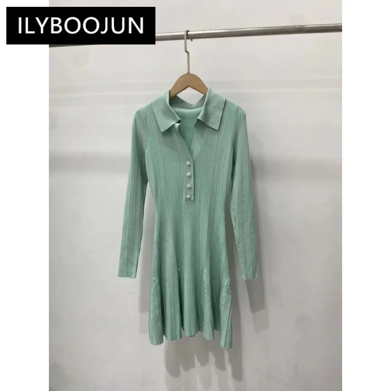 Mint Green Long Sleeve Lapel Knit Womens dresses Fashion Elegant High Waist Stretch Slim A-line Mini Dress 2024 Spring New