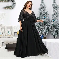 Plus Size Bruidsmeisje Jurken Mode Pailletten Mesh Effen Kleur Elegante Avondjurk Groot Formaat Losse Temperament Feestjurken