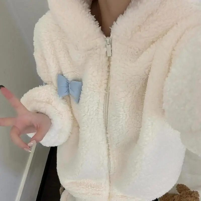 

cute autumn winter Women's pajamas coral fleece fleece-lined Sleepwear thicken Cotton Pajama keep warm homewear two-piece set