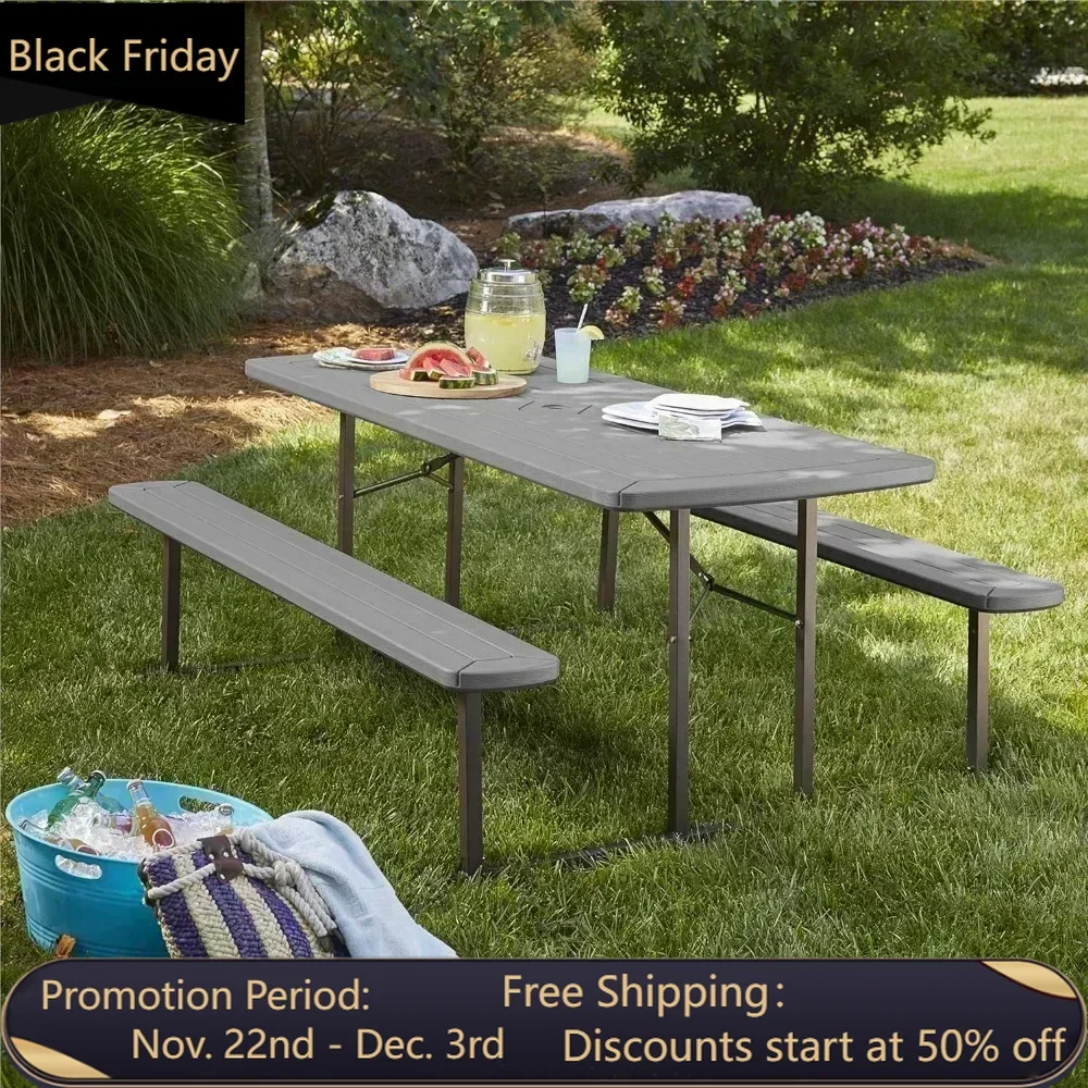 Outdoor Living 6 Ft. Folding Blow Mold Table Camping Dark Wood Grain With Gray Legs Picnic Table Dining Tables Desk Supplies