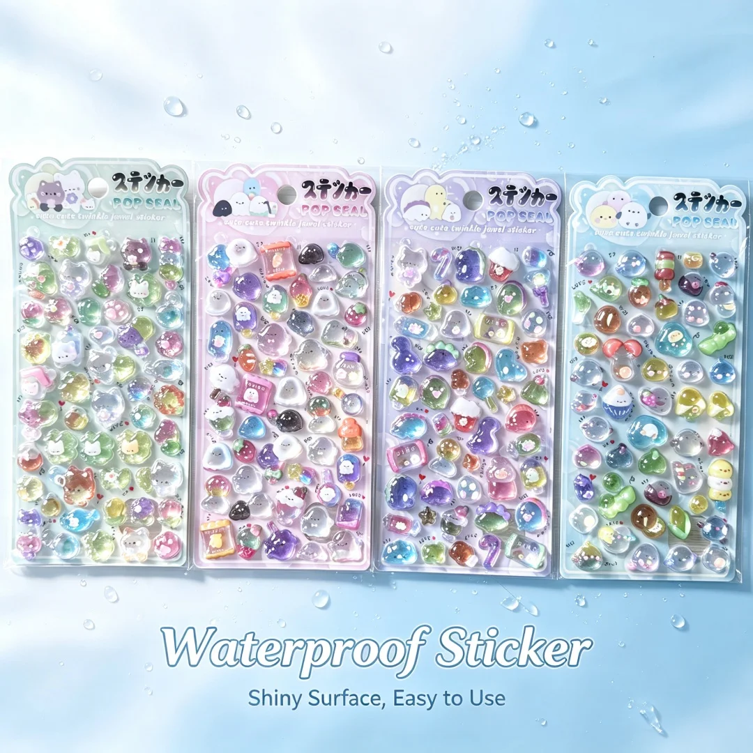 4Sheets Cute Cartoon Monster 3D Crystal Epoxy Glossy Raised Waterproof Self-Adhesive Kawaii Character Stickers