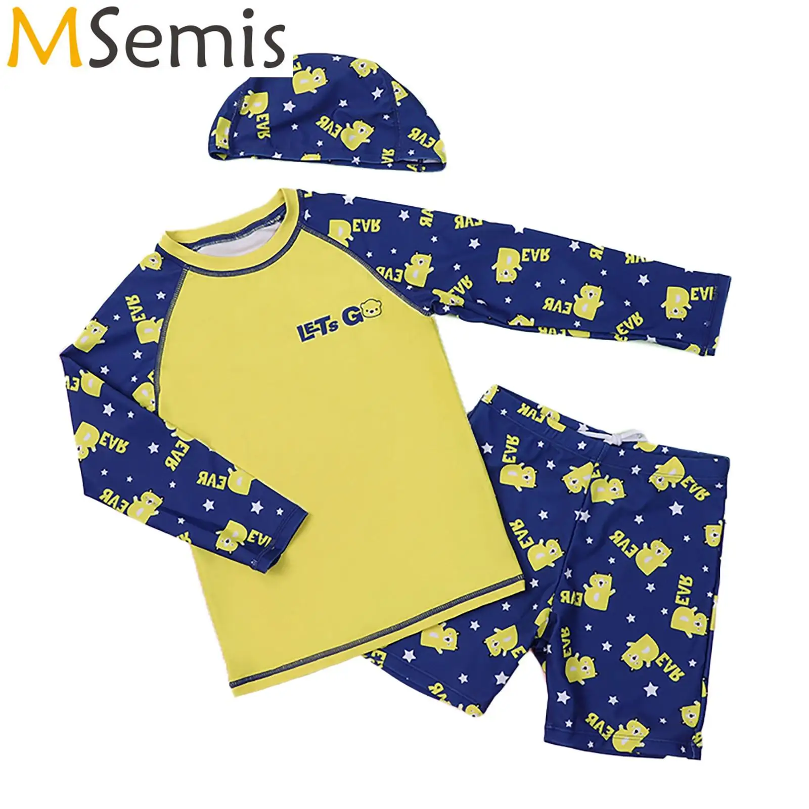 

Boys 3 Pieces Rash Guard Swimsuit Long Sleeve Swim Top with Swim Shorts Swim Hat Set Swimwear Quickly Dry UPF50+ Bathing Suit