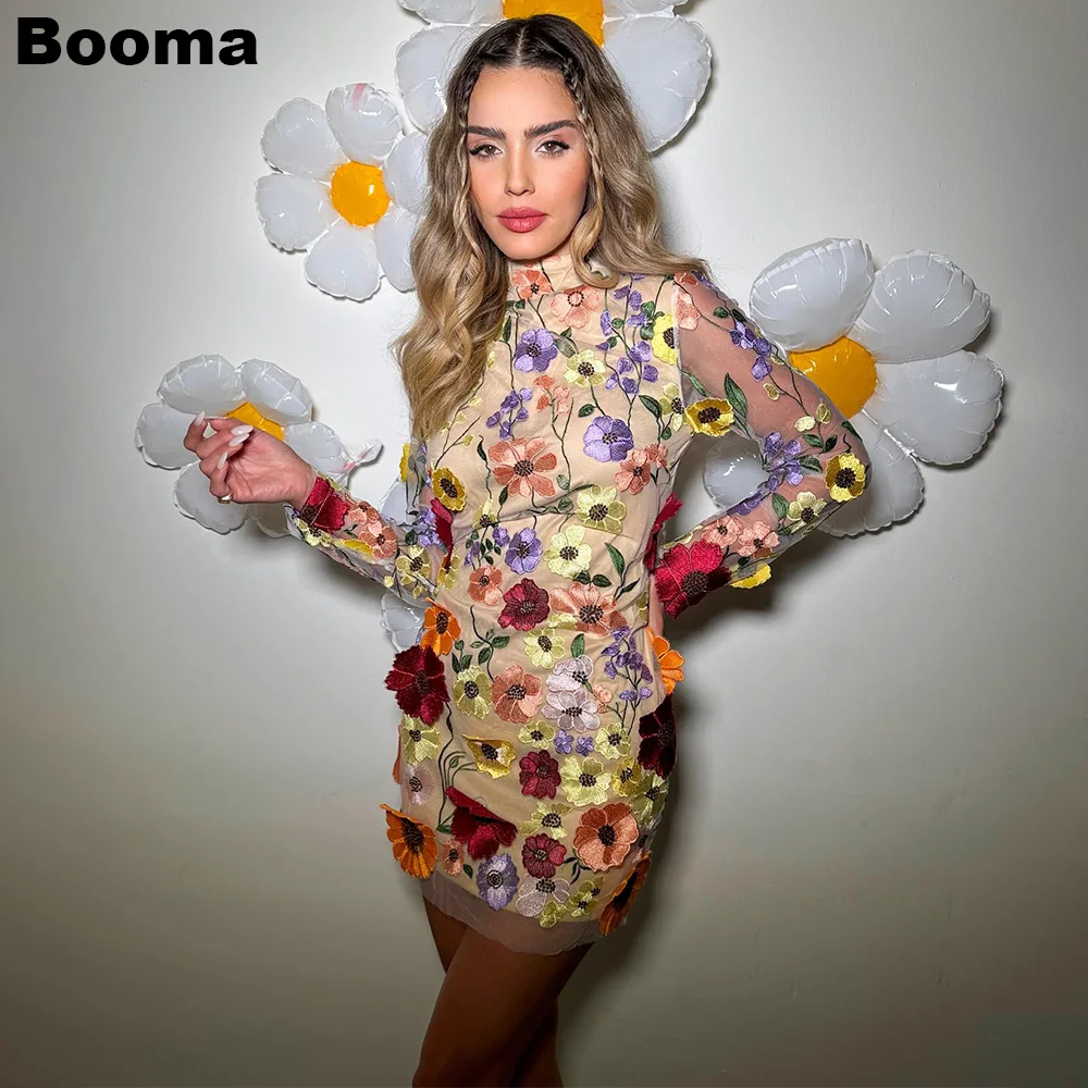 

Booma Embroidery Floral Mini Prom Dresses High Long Sleeves Cocktail Gowns Birthday Party Dress for Women Special Evening Gown