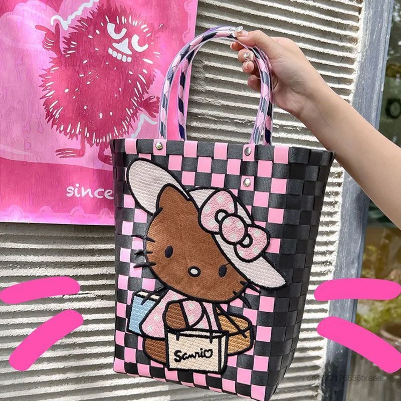 Sanrio Hawaiian Black Hello Kitty Weaving Baskets Women Portable Shopping Bag Korean Fashion Handbags Y2k Small Storage Tote Bag