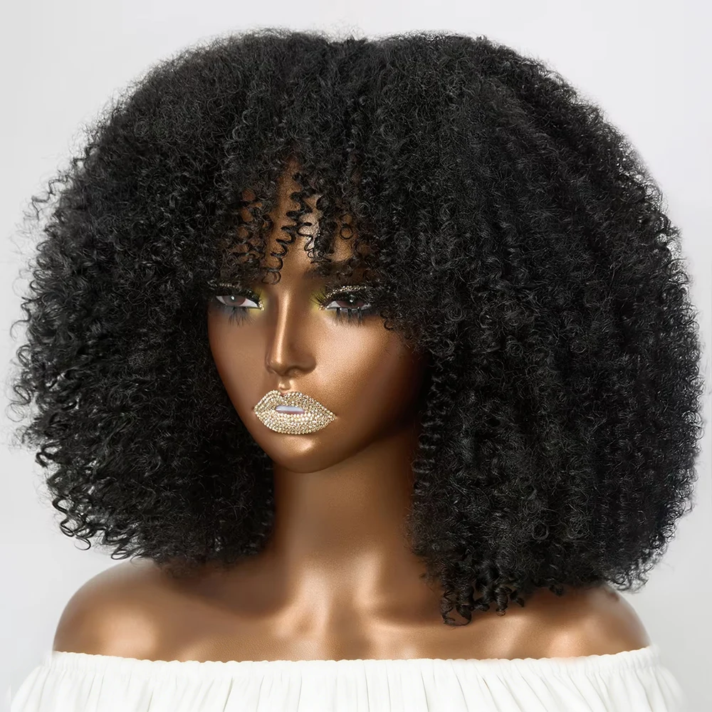 Kurze Bob-Perücken aus Echthaar, Afro-Lockenperücken mit Pony, vollständig maschinell gefertigte Perücken mit Kopfhaut-Optik für Frauen, 350er High-Density-Perücken