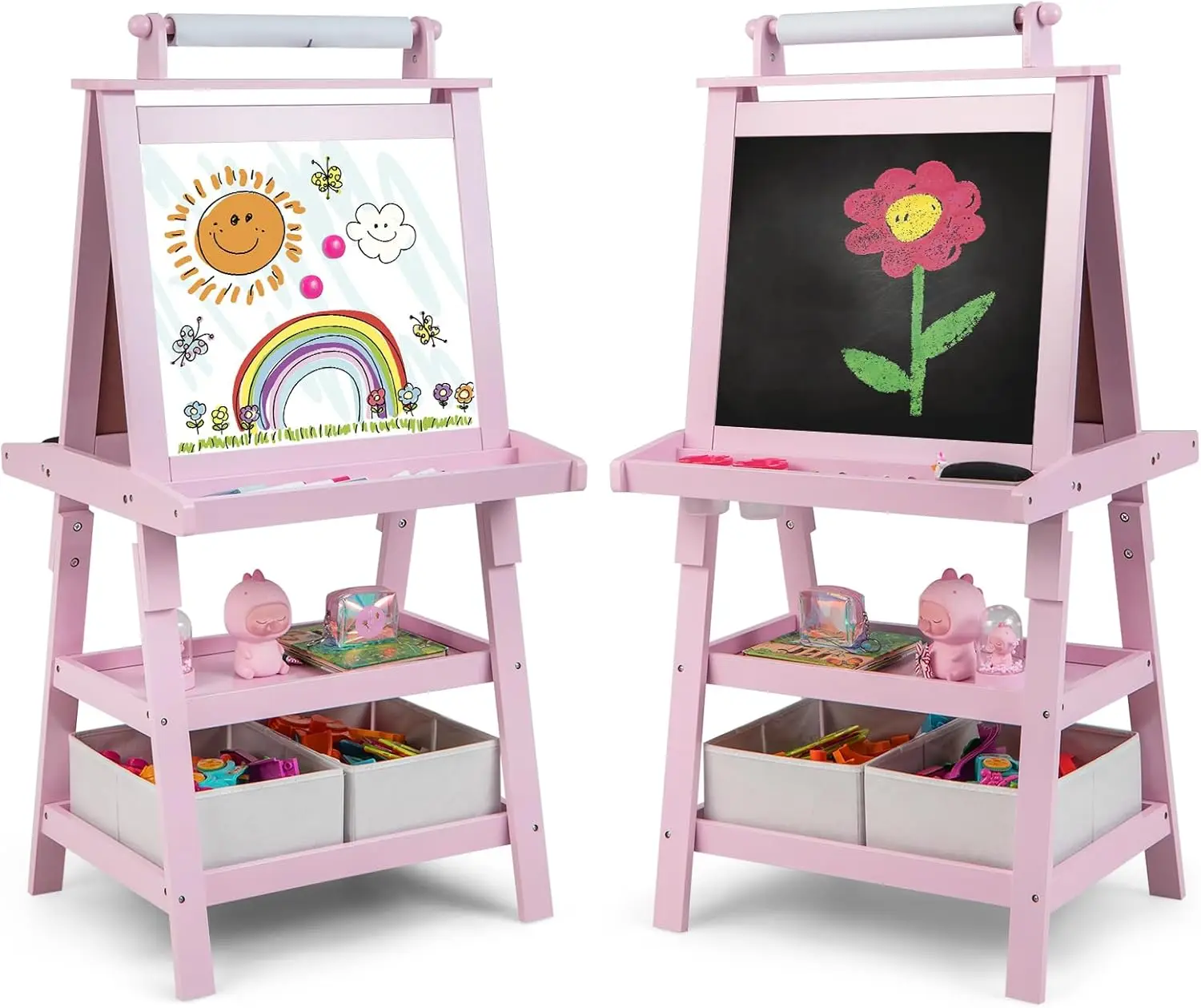 Kids Art Easel, 3 in 1 Double-Sided Painting Easel w/Magnetic Whiteboard, Chalkboard & Paper Roll, 2-Tier Storage Rack