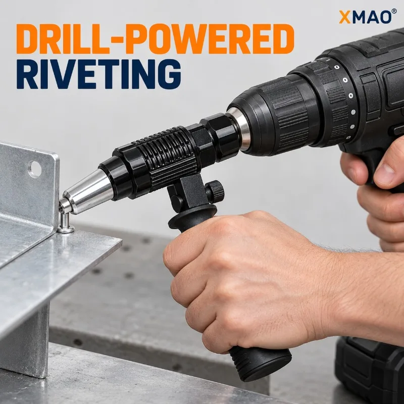 XMAO Blind Rivet Gun Adapter for Cordless Drill, 4 Changeable Nosepieces with Side Handle and Wrench for Sheet Metal Repair