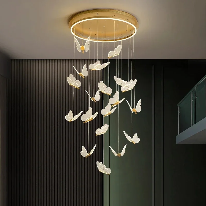 Chandelier For Ladder Revolving Staircase Butterfly Lighting For Stairs Loft Villa Duplex LED Chandelier For Living Room