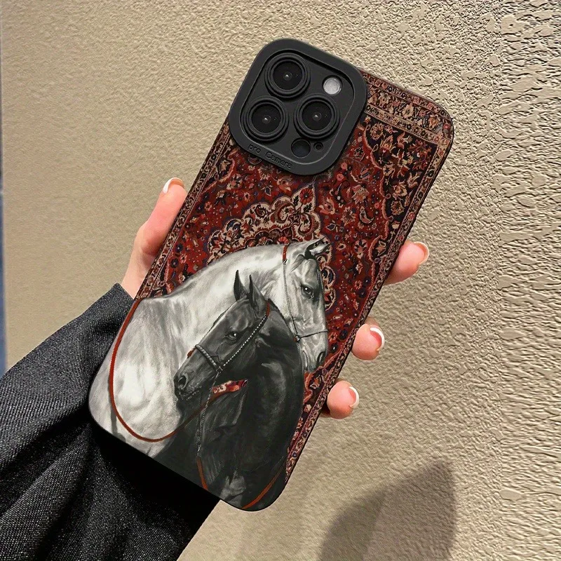 حافظة كلاسيكية بنمط حصان أبيض وأسود لهاتف سامسونج جالاكسي A56 A55 A54 A53 A36 A26 A16 S25 FE S24 Ultra S23 Plus S22 5G #2