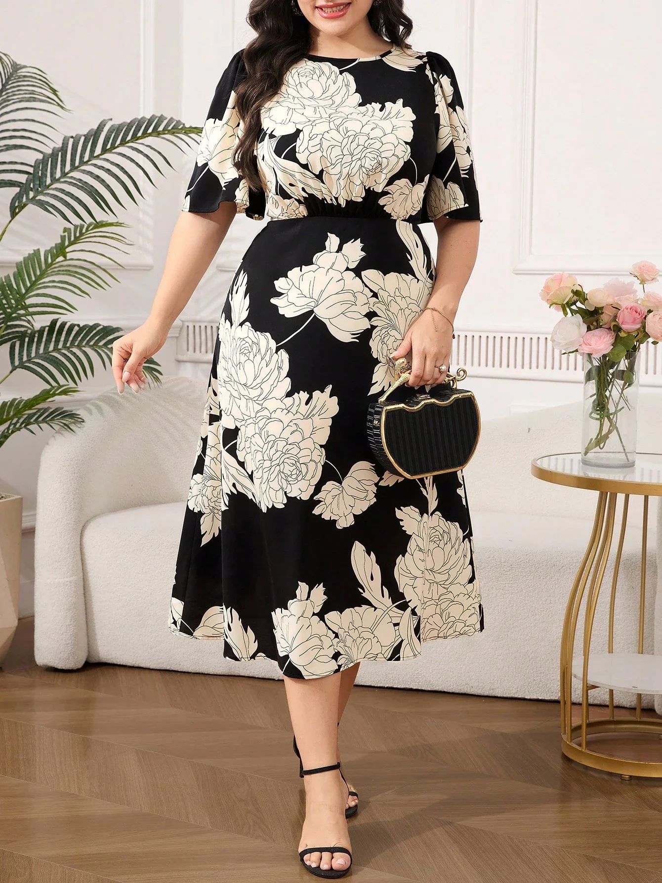 

Plus Size Women Floral Print Midi Dress Elegant Casual Summer Wedding Guest Dress