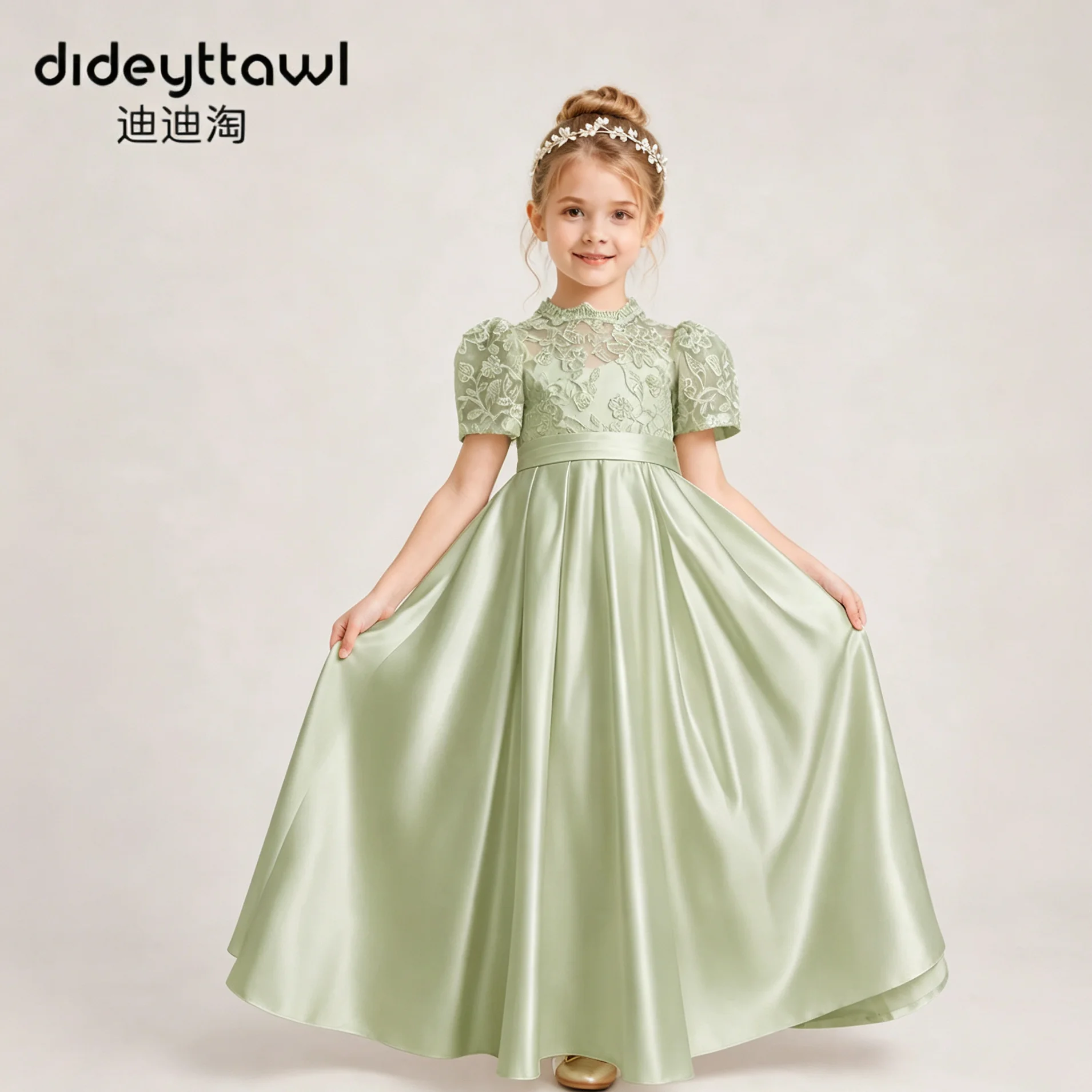 Dideyttawl Girls Puff Short Sleeve Satin Flower Girl Dress Hollow Back Big Bow Floor Length Pageant Gown Multi Color Kids Dress