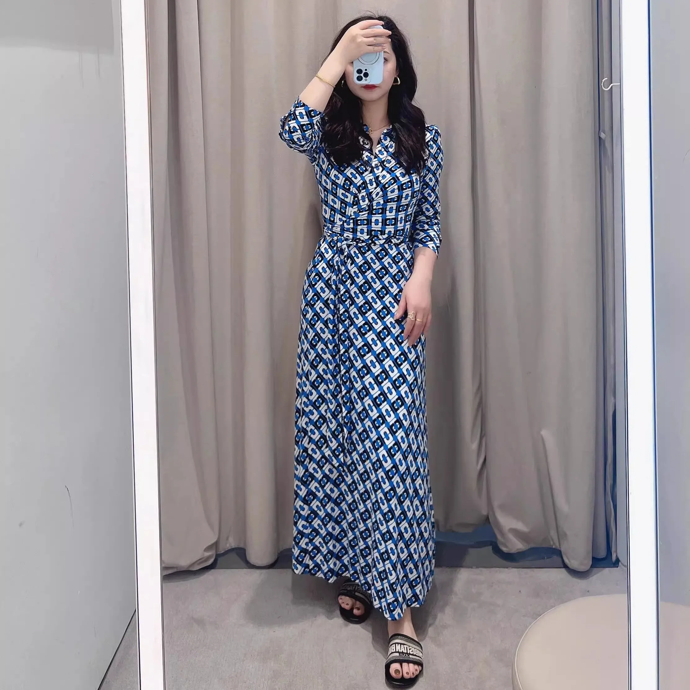 

Новое летнее женское платье-рубашка с ретро-воротником, длинное, синее, с принтом цепочек, модный винтажный дизайн