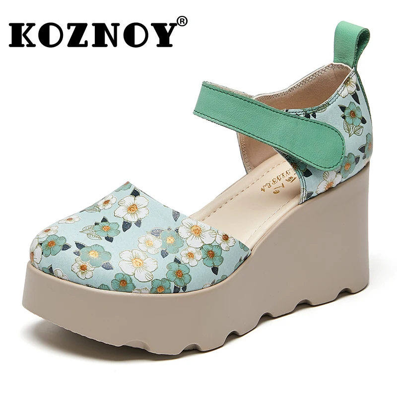 

Koznoy 5cm Ethnic Elegant Sandals Women Multicolor Cow Genuine Leather Print Platform Wedge Hook Summer Shoes Artistic Fashion